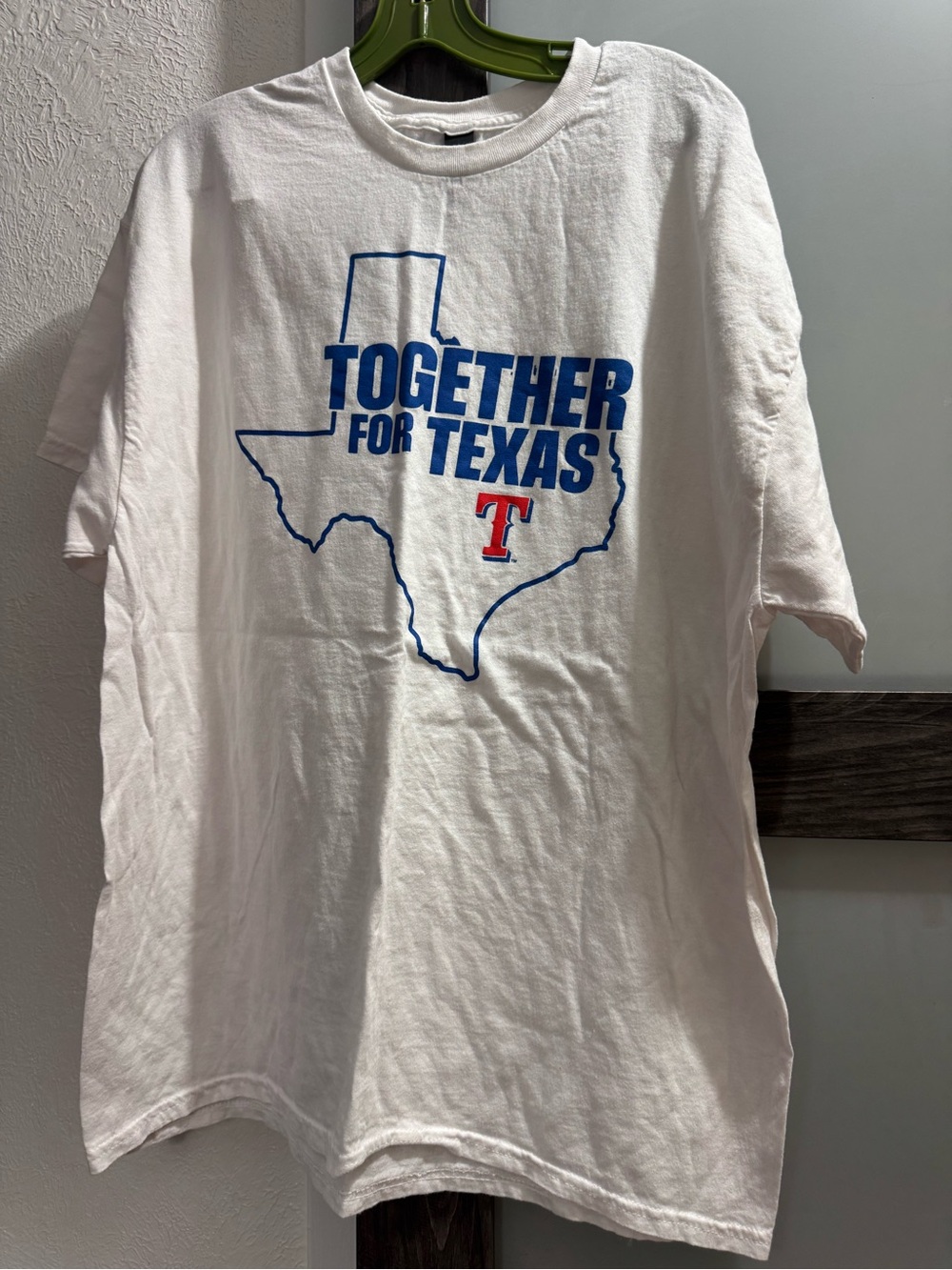 Gildan White short sleeve tee with blue "Together for Texas" print and red T